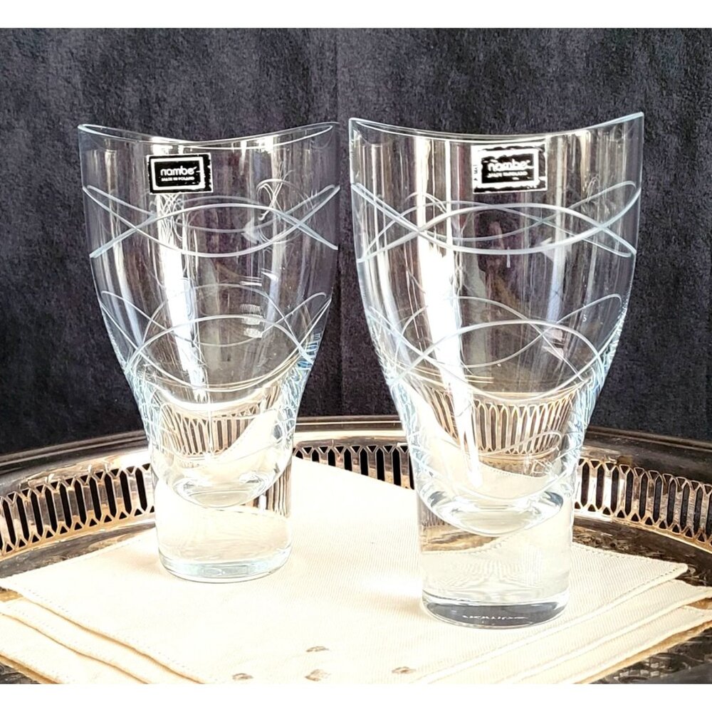 Set of 2 Highball Glasses Motus by Nambe Contemporary Modern Blown Glass Wave 6"